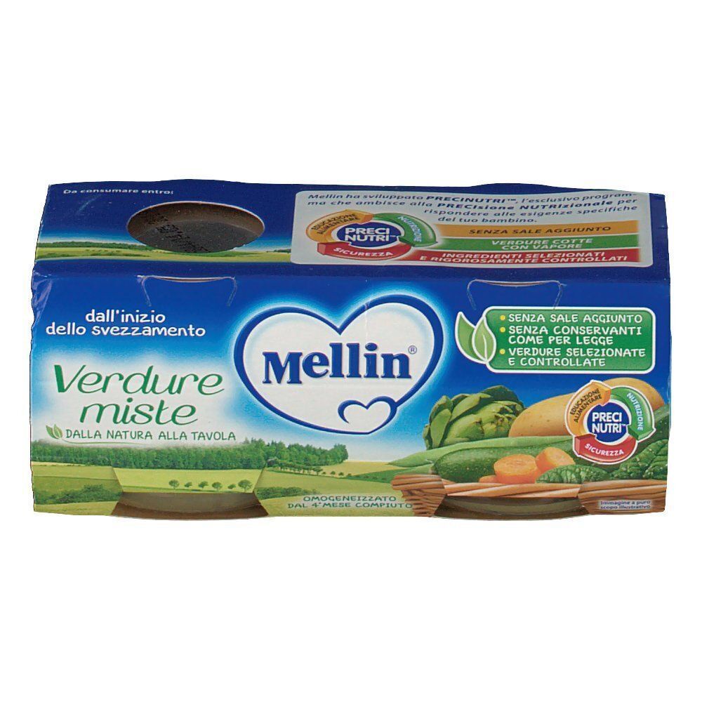 Fronte di una confezione di Mellin® Verdure Miste con illustrazione di verdure.