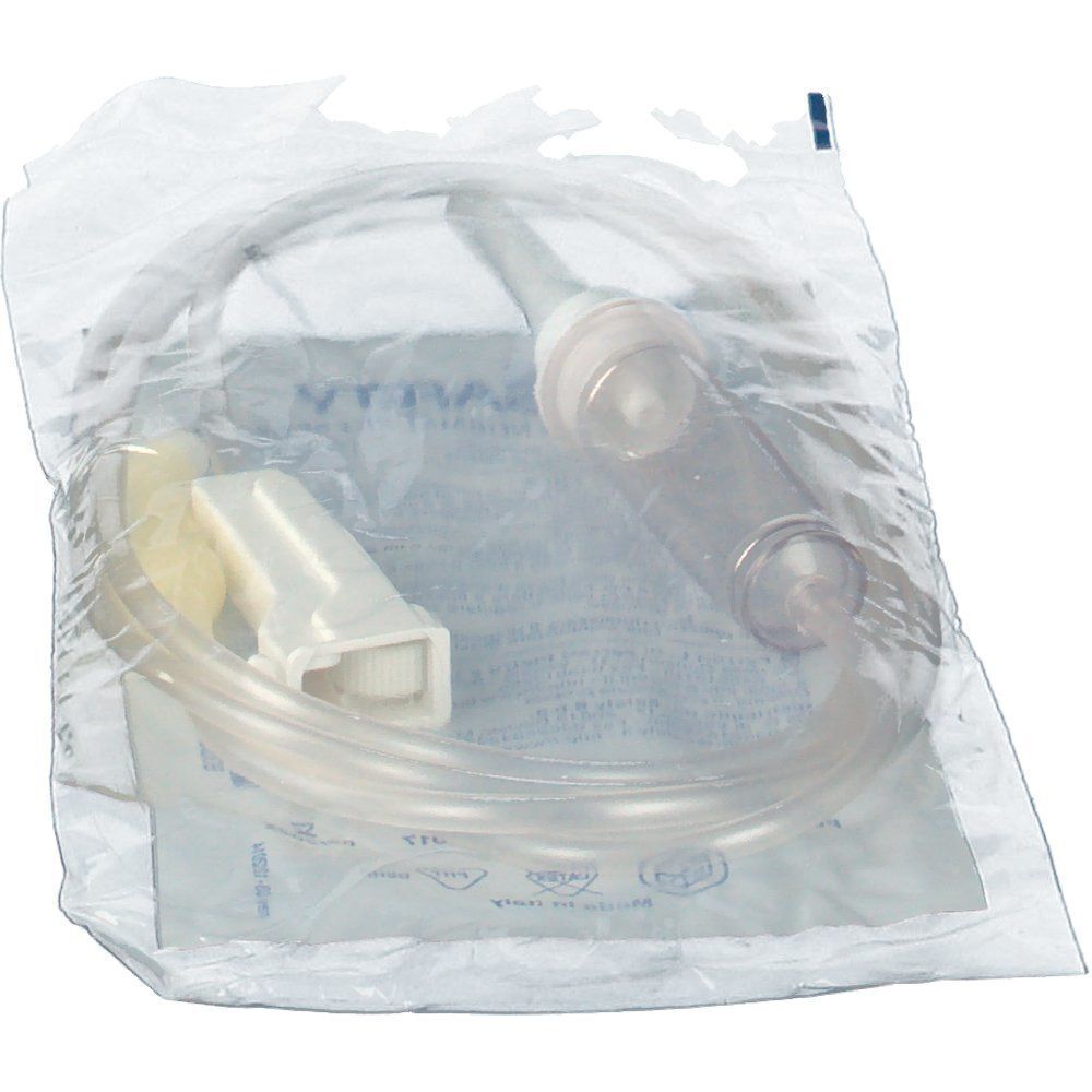 Un tubo per infusione sterile in confezione di plastica.