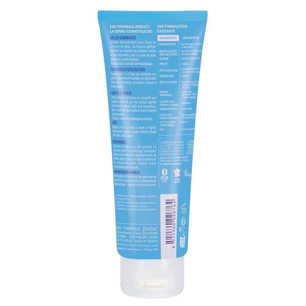 Retro di un tubo azzurro Eau Thermale Jonzac Gel Gommante Dolcezza Rehydrate con informazioni sul prodotto.