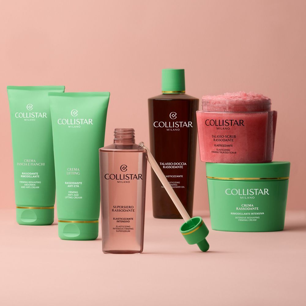 Prodotti per la cura della pelle Collistar: creme, siero, olio e un Talasso-Scrub Rassodante Elasticizzante.
