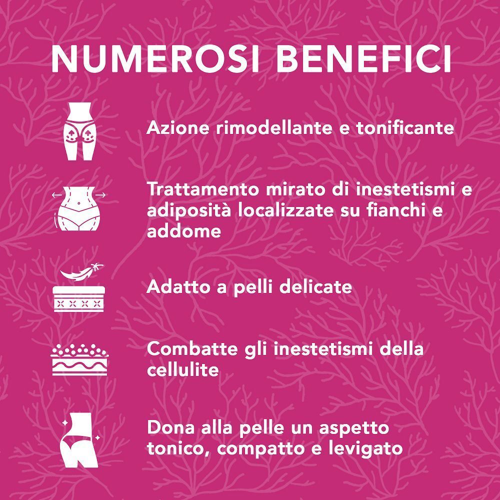 Grafica con icone e testo che illustrano i numerosi benefici del prodotto Colours Of Life Siero Pancia e Fianchi.