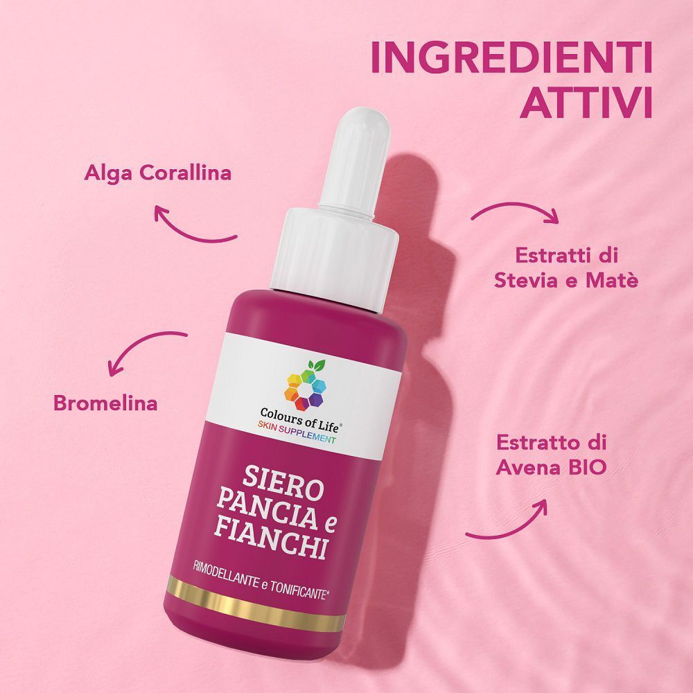 Flacone del siero "Colours of Life Siero Pancia e Fianchi" con ingredienti attivi evidenziati.