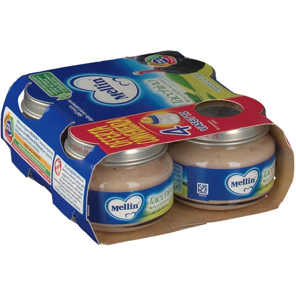 Quattro vasetti di omogeneizzato Mellin, confezionati in un cartone. I vasetti contengono una crema chiara.