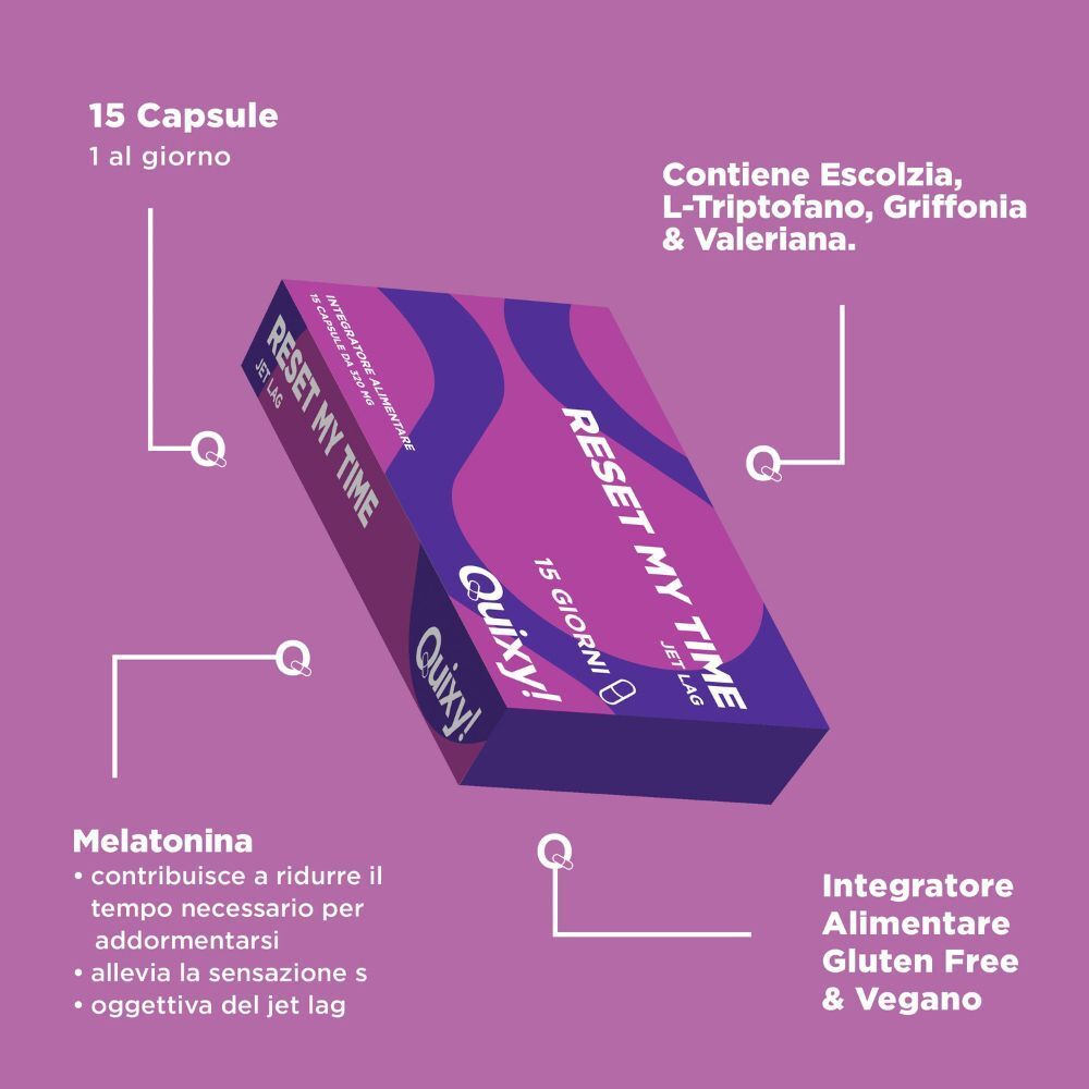 Confezione di capsule Quixy Reset My Time Jet Lag con informazioni su melatonina e ingredienti.