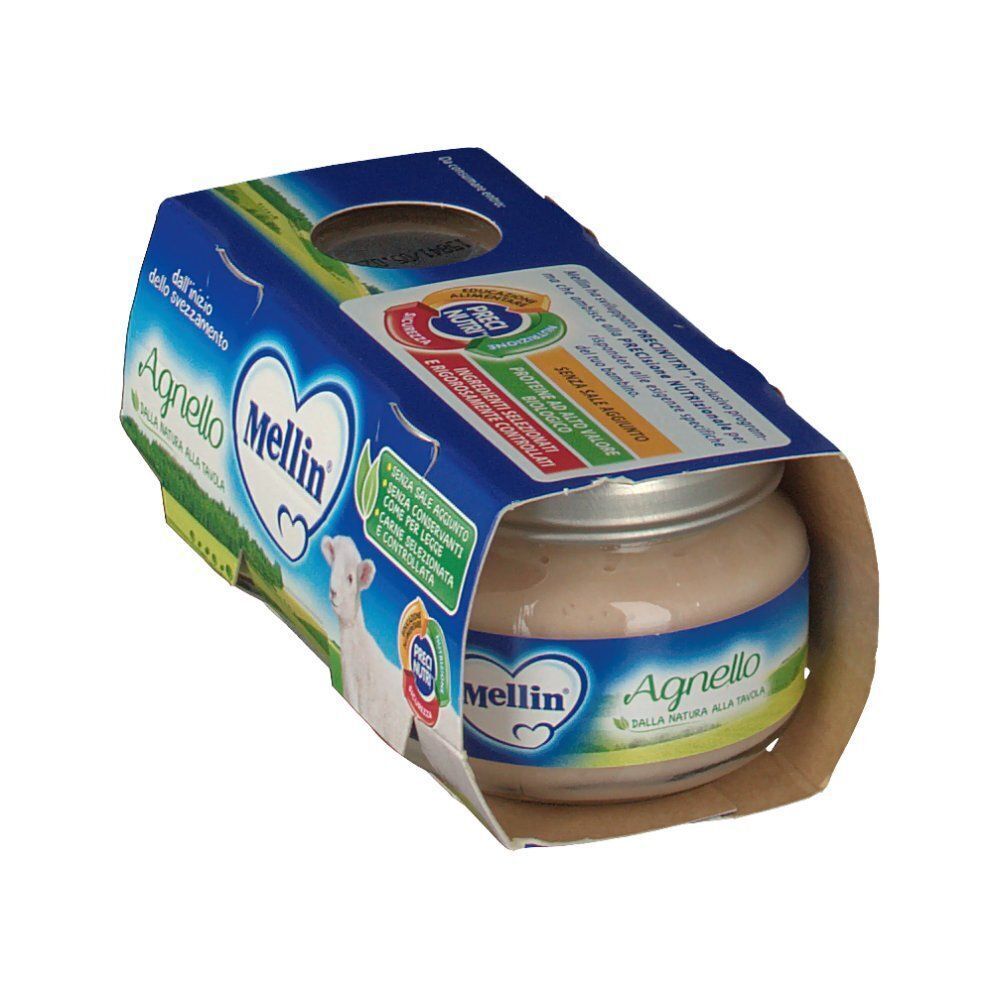 Una confezione di omogeneizzato di agnello Mellin® per neonati, in vetro, con etichetta.