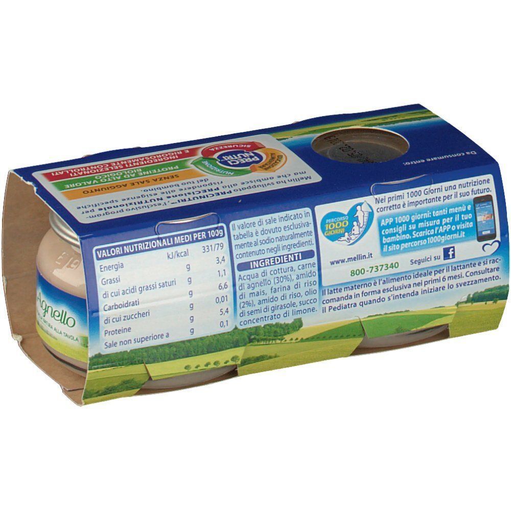 Retro di una confezione di omogeneizzato di agnello Mellin® per neonati con informazioni nutrizionali.