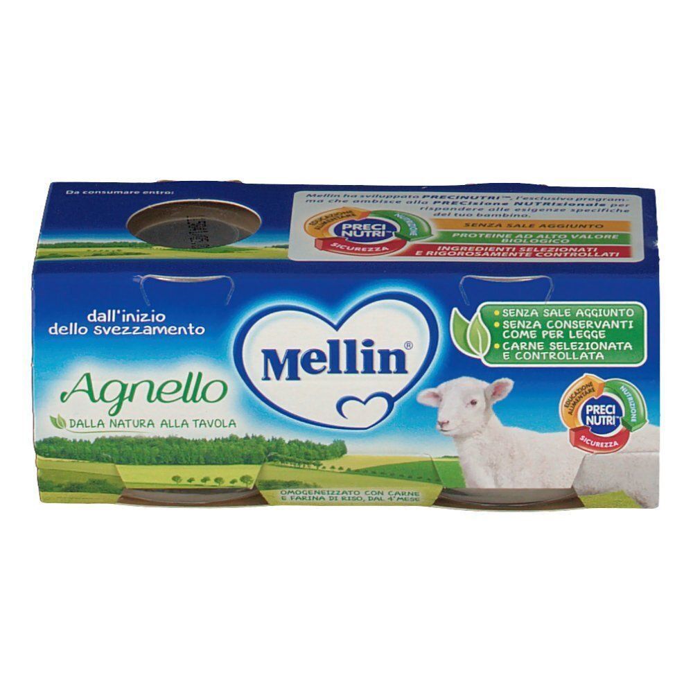 Fronte della confezione di omogeneizzato di agnello Mellin con illustrazione di agnello.