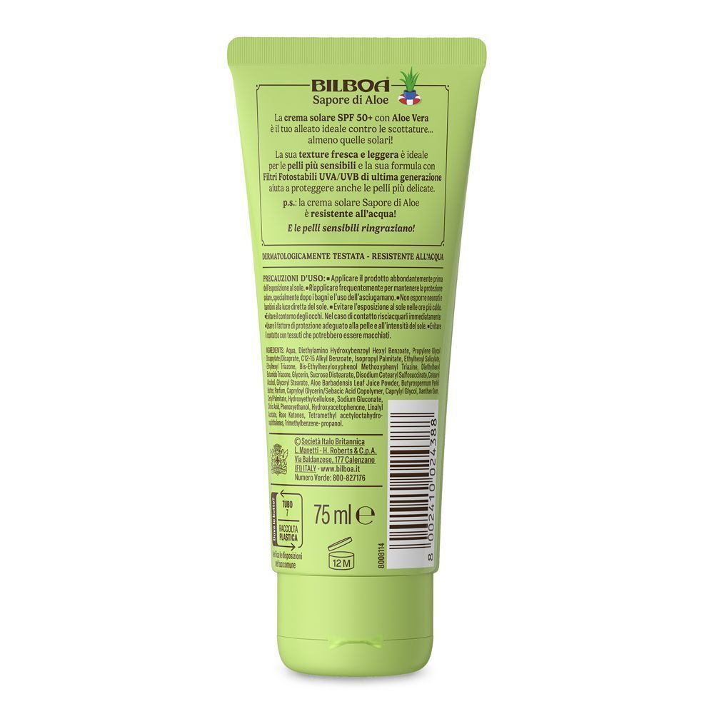 Retro di un tubetto verde di crema solare SPF 50+ con aloe vera. Contiene informazioni sul prodotto e 75 ml.