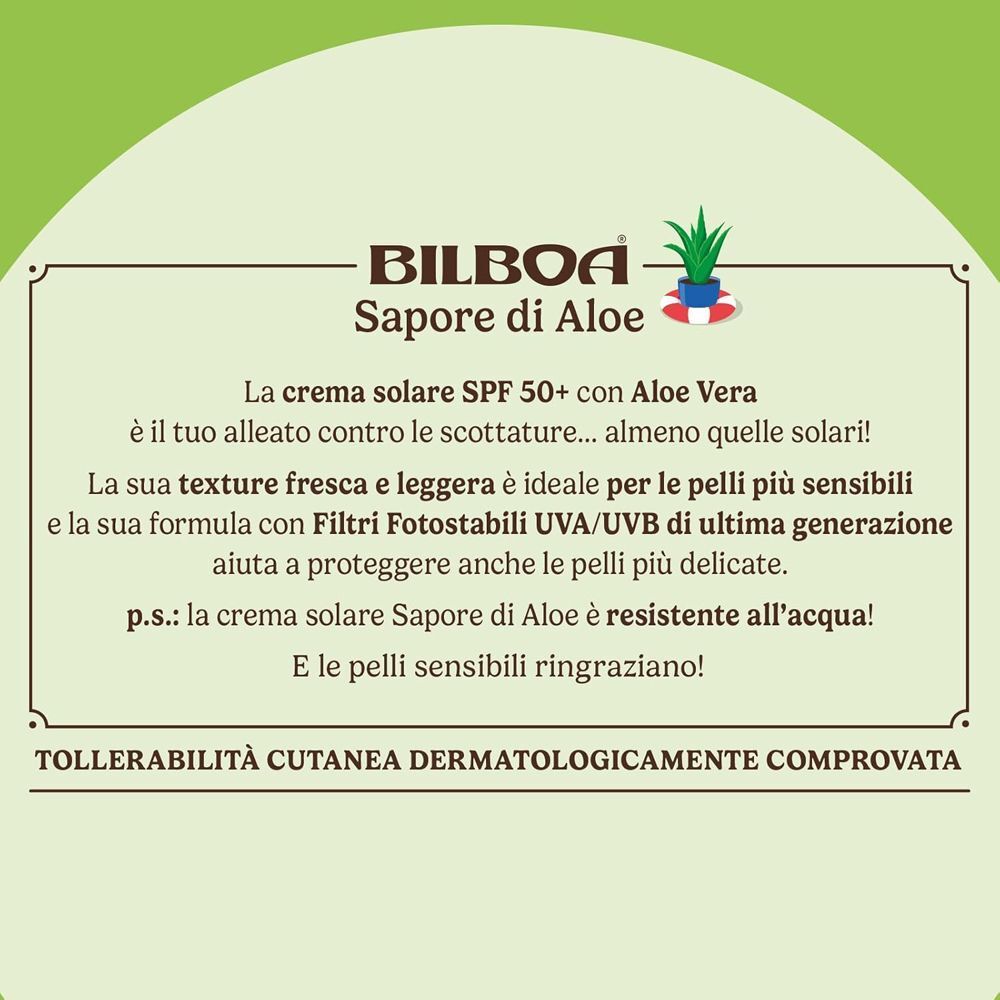 Area di testo con informazioni sulla crema solare SPF 50+ con aloe vera. Tollerabilità cutanea testata.