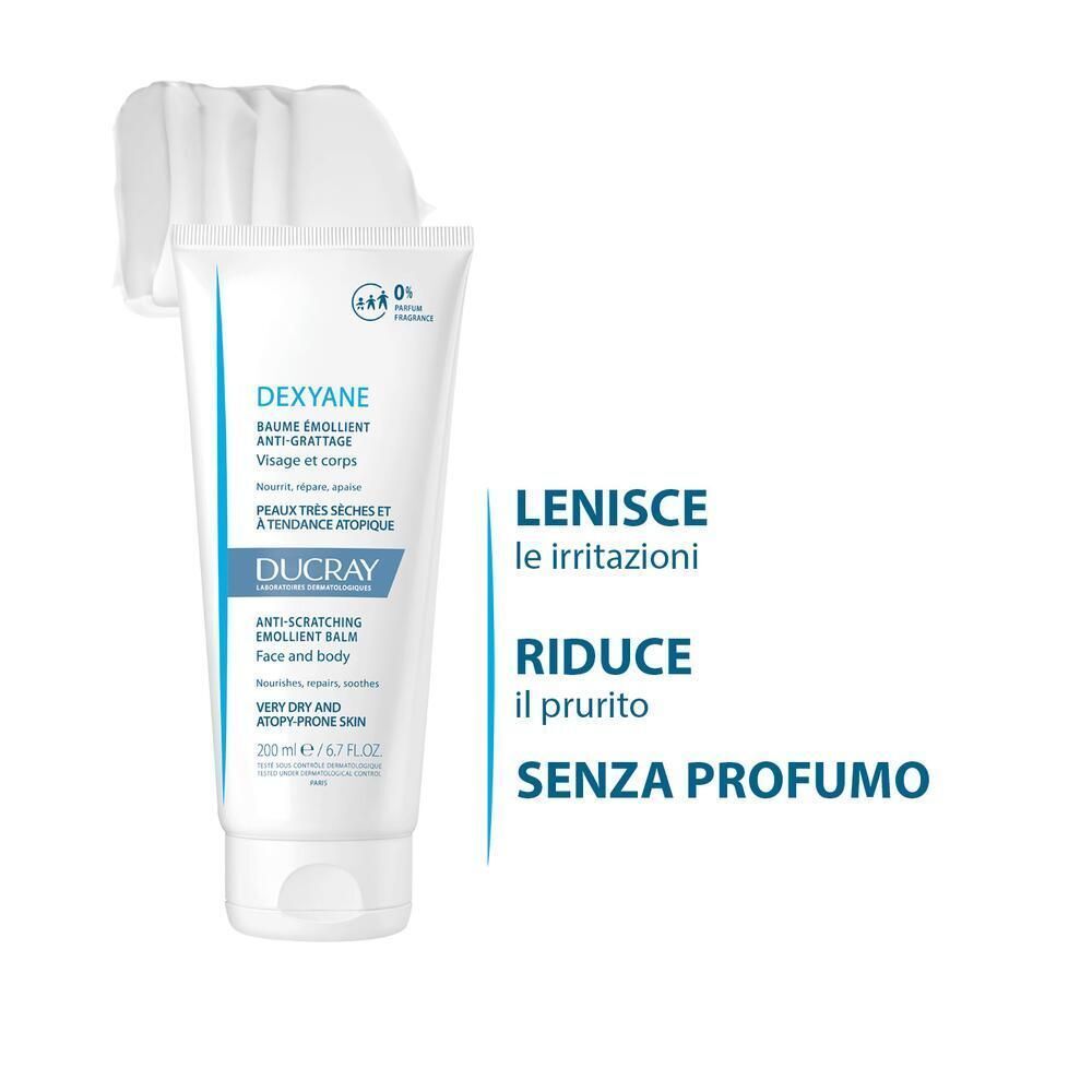 Tubo di balsamo Ducray Dexyane con texture e indicazioni: lenisce irritazioni, riduce prurito.