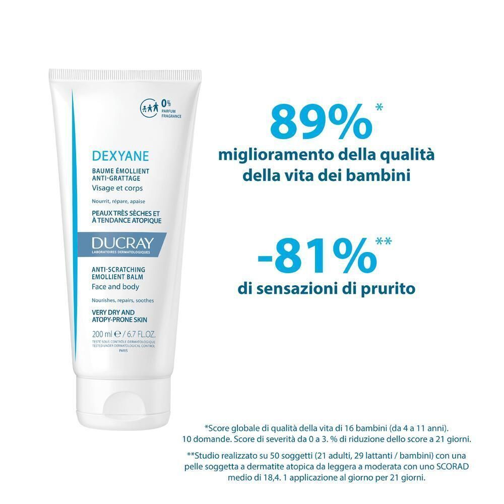 Tubo di balsamo Dexyane Ducray con risultati clinici: 89% miglioramento qualità vita, 81% riduzione prurito.