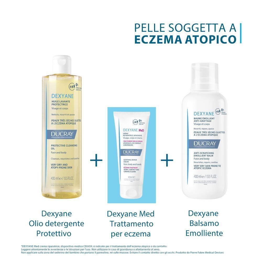 Set Ducray Dexyane: Olio Detergente Protettivo, Trattamento Med e Balsamo Emolliente per eczema atopico.