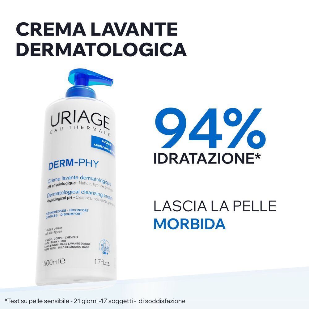 Flacone Uriage Derm-Phy Crema Lavante Dermatologica, 500ml, 94% idratazione.