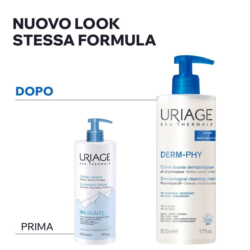 Crema Lavante Uriage Derm-Phy: Vecchio e nuovo design del flacone, 500ml.