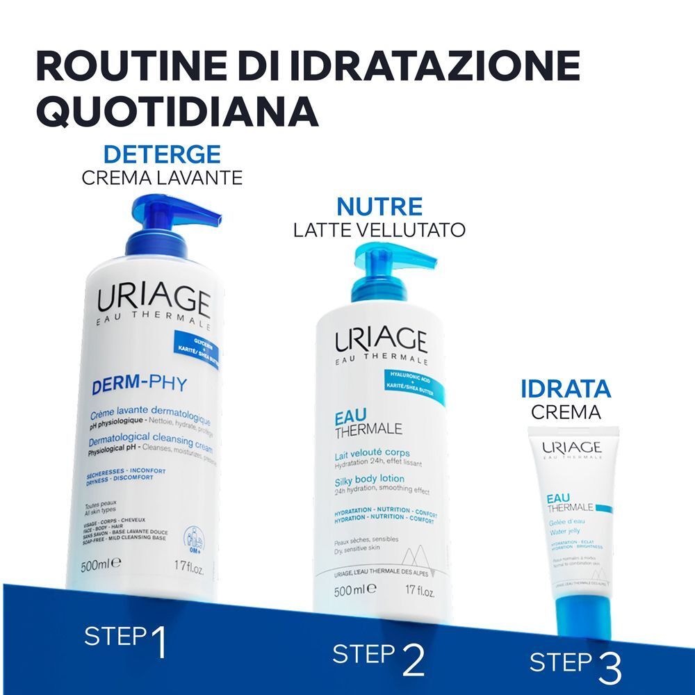 Routine idratazione Uriage: Deterge con crema lavante, nutre con latte vellutato, idrata con crema.