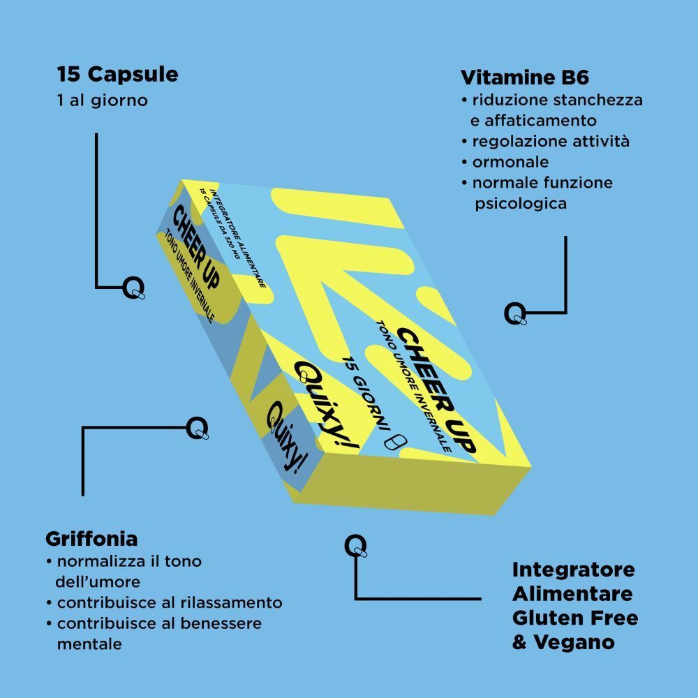 Confezione di capsule Quixy Cheer Up che evidenzia i benefici di Vitamina B6 e Griffonia.