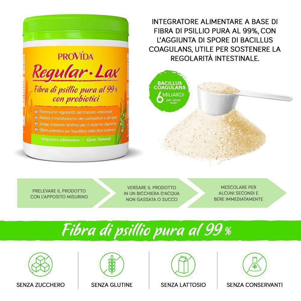 Un barattolo di Provida Regular-Lax, accanto un misurino con polvere e Bacillus Coagulans.