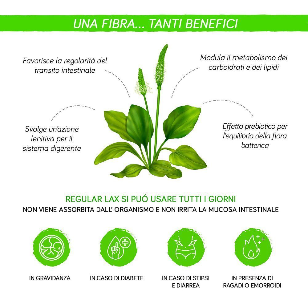 Illustrazione di una pianta con testo sui benefici della fibra di psyllio per la digestione.