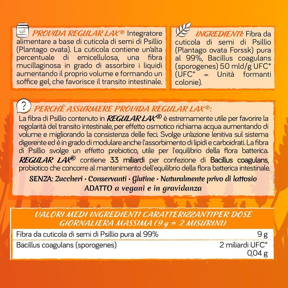 Retro di un barattolo Provida Regular-Lax con elenco ingredienti e informazioni nutrizionali.