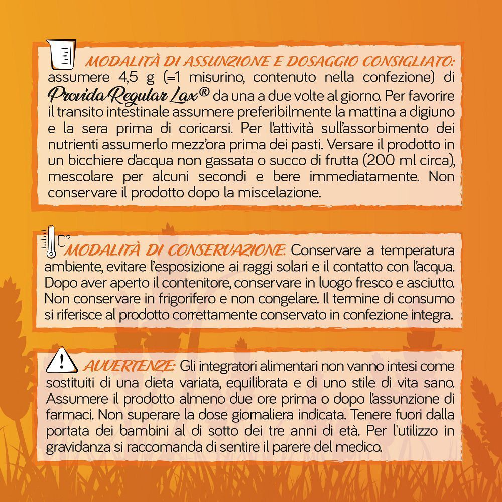 Istruzioni per l'uso e la conservazione di Provida Regular-Lax, con avvertenze.