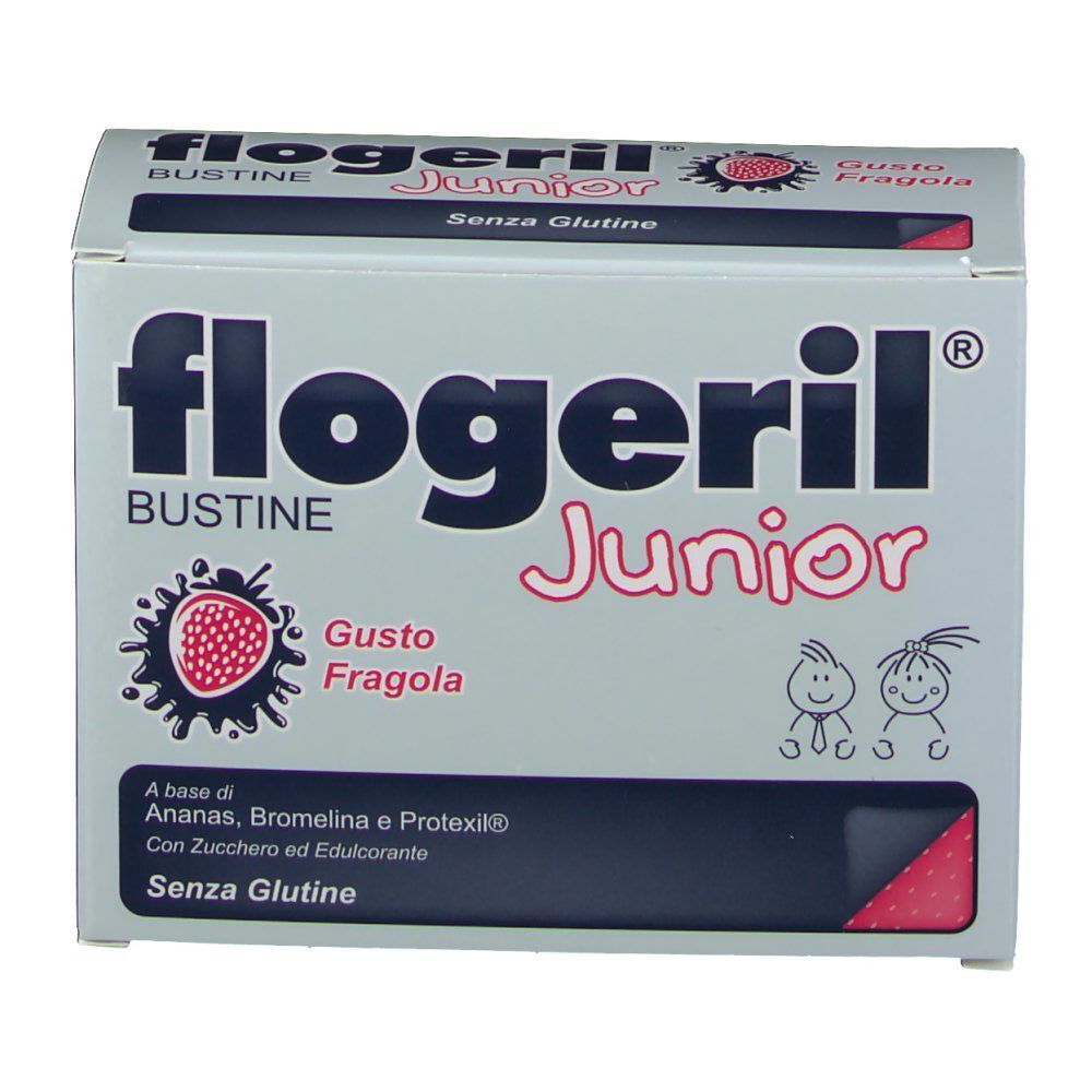 Confezione di Flogeril Junior gusto fragola, bustine, con illustrazioni.