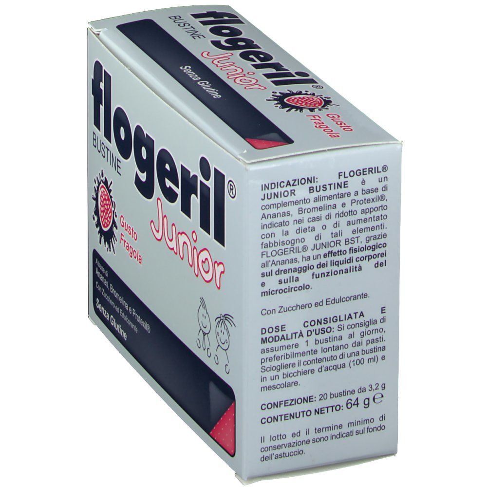 Flogeril Junior gusto fragola, una confezione con informazioni su uso e composizione.