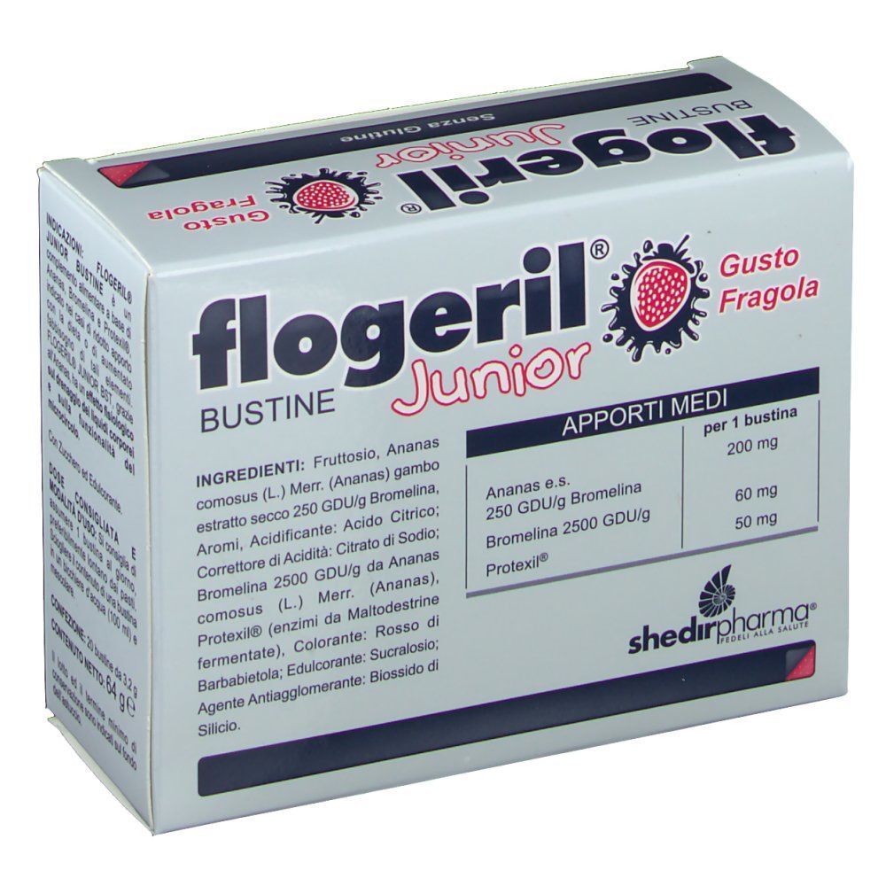 Flogeril Junior gusto fragola, confezione con lista ingredienti e apporti medi.
