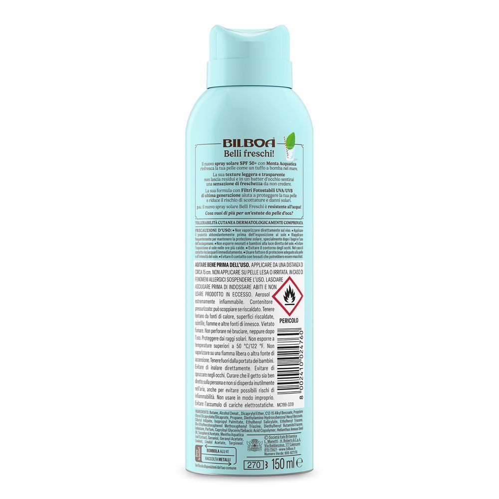 Retro di uno spray solare Bilboa Belli Freschi con ingredienti e istruzioni.