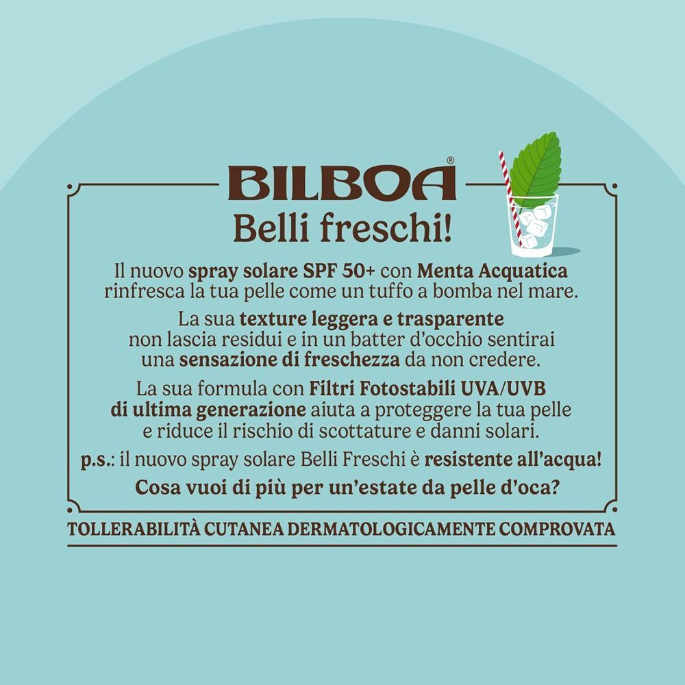 Spray solare Bilboa Belli Freschi SPF 50+ alla menta. Rinfresca la pelle.