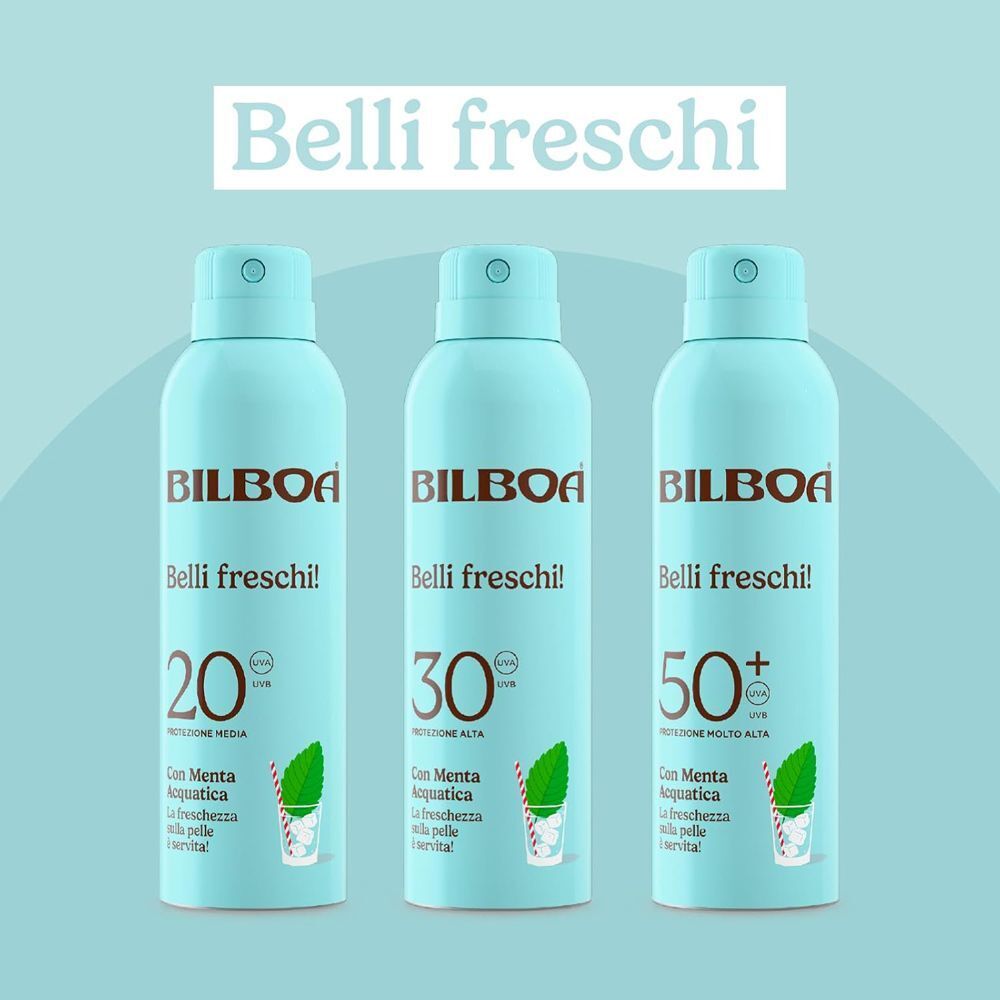 Tre spray solari Bilboa Belli Freschi: SPF 20, 30 e 50+ con menta.