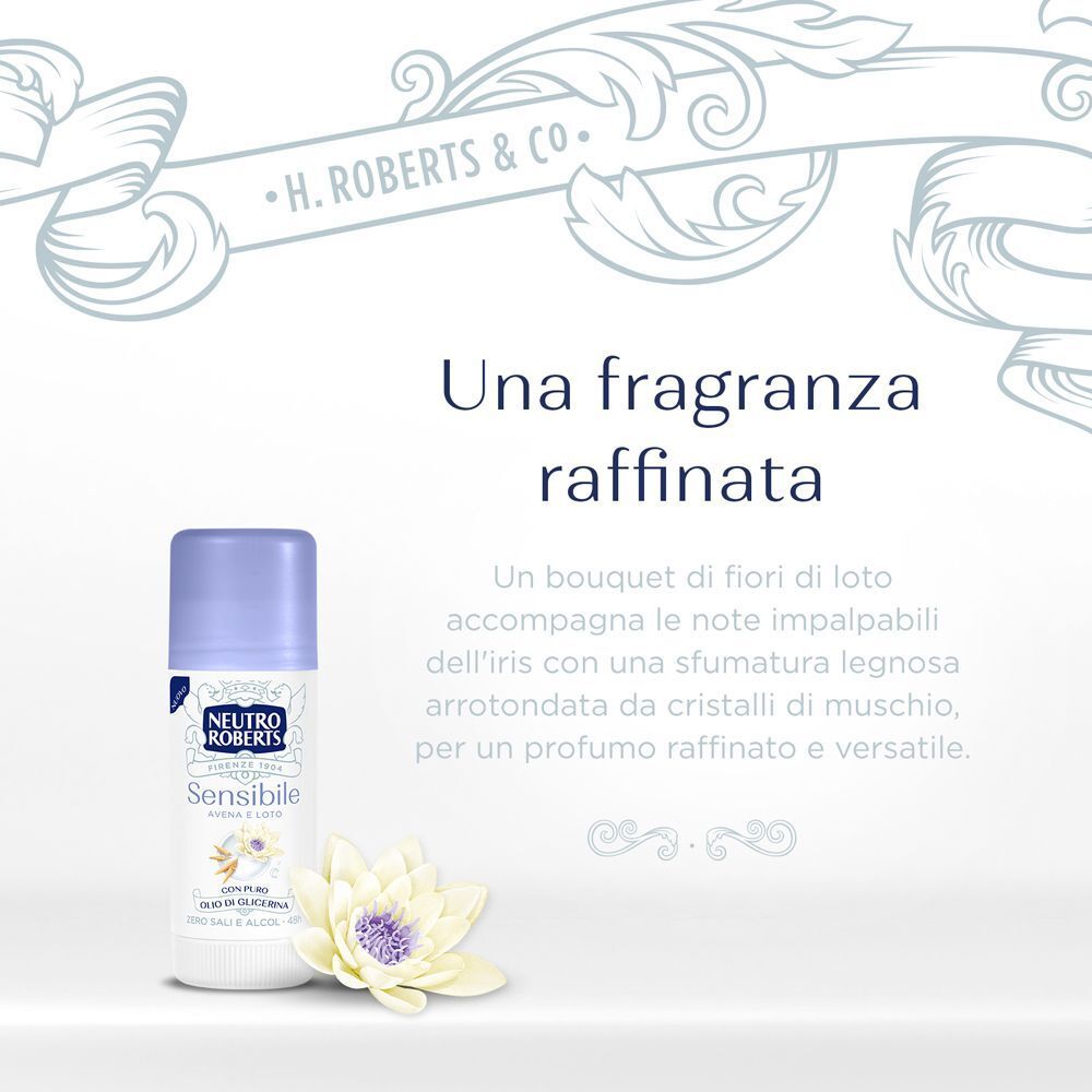 Stick deodorante Neutro Roberts Sensibile con fiore di loto e testo sulla fragranza.