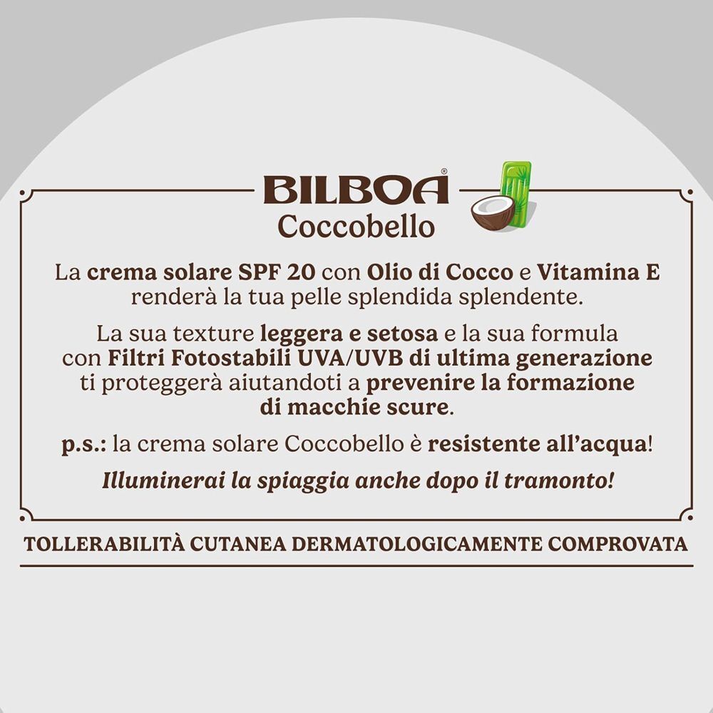 Crema solare Bilboa Coccobello SPF 20 con olio di cocco e vitamina E per una pelle splendente.