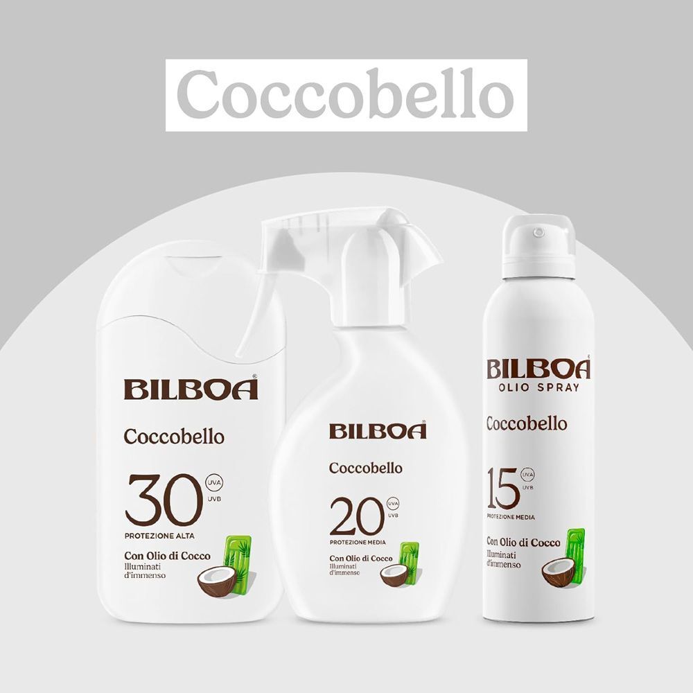 Tre prodotti Bilboa Coccobello: crema solare SPF 30, spray SPF 20 e spray olio SPF 15.