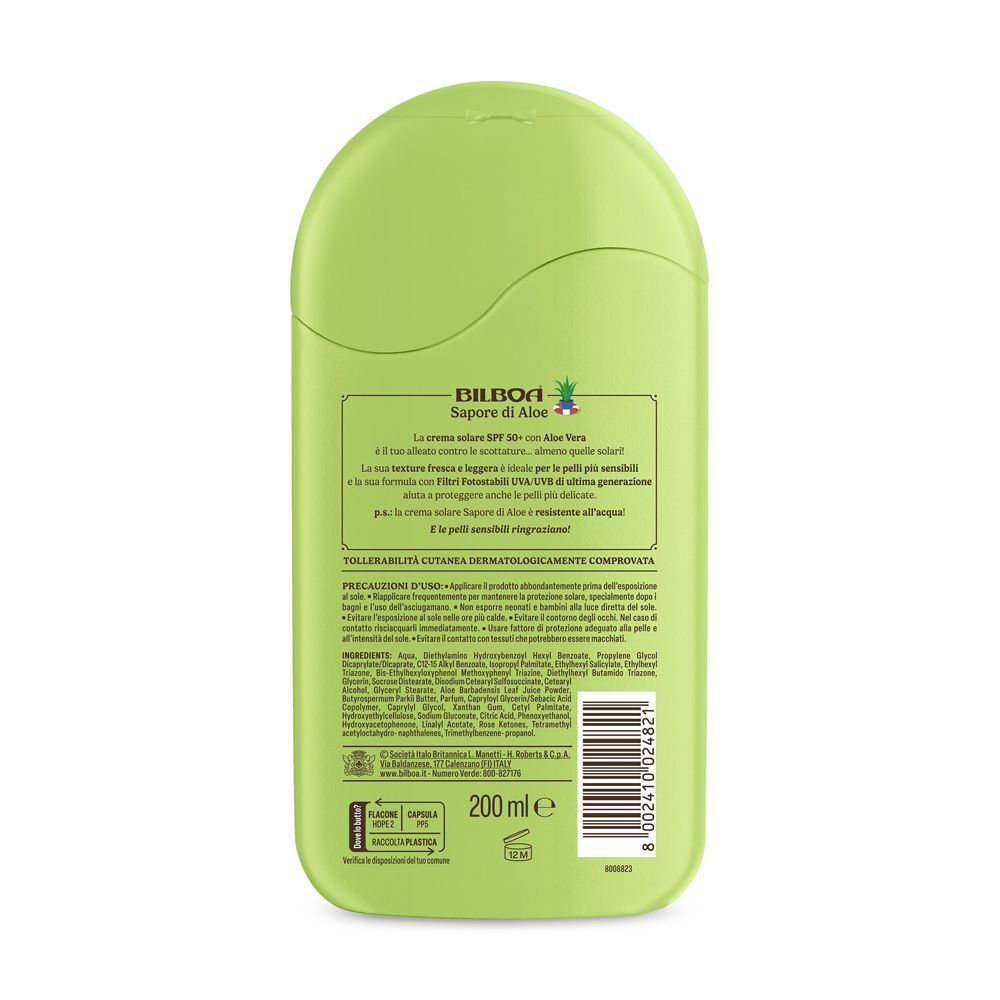Retro di un flacone verde Bilboa Sapore di Aloe Latte Solare con informazioni prodotto e indicazione 200 ml.