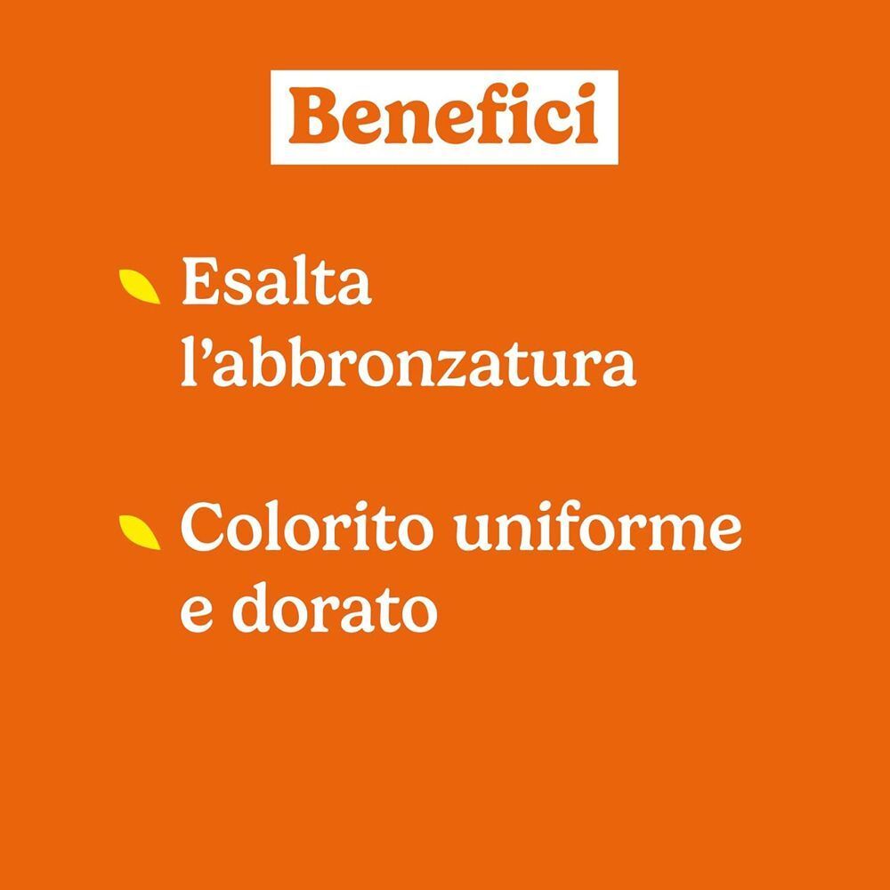 Sfondo arancione con testo 'Benefici' e vantaggi come 'Esalta l'abbronzatura'.