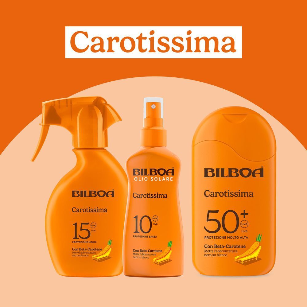 Tre prodotti Bilboa Carotissima: spray SPF 15, olio SPF 10, lozione corpo SPF 50+.