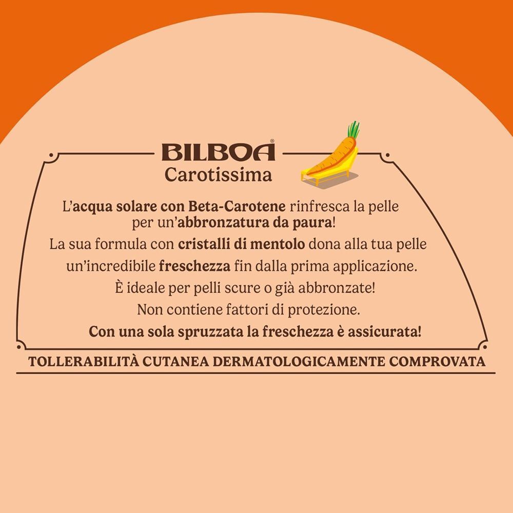 Vista dettagliata della scritta Bilboa Carotissima con testo su freschezza e beta-carotene.