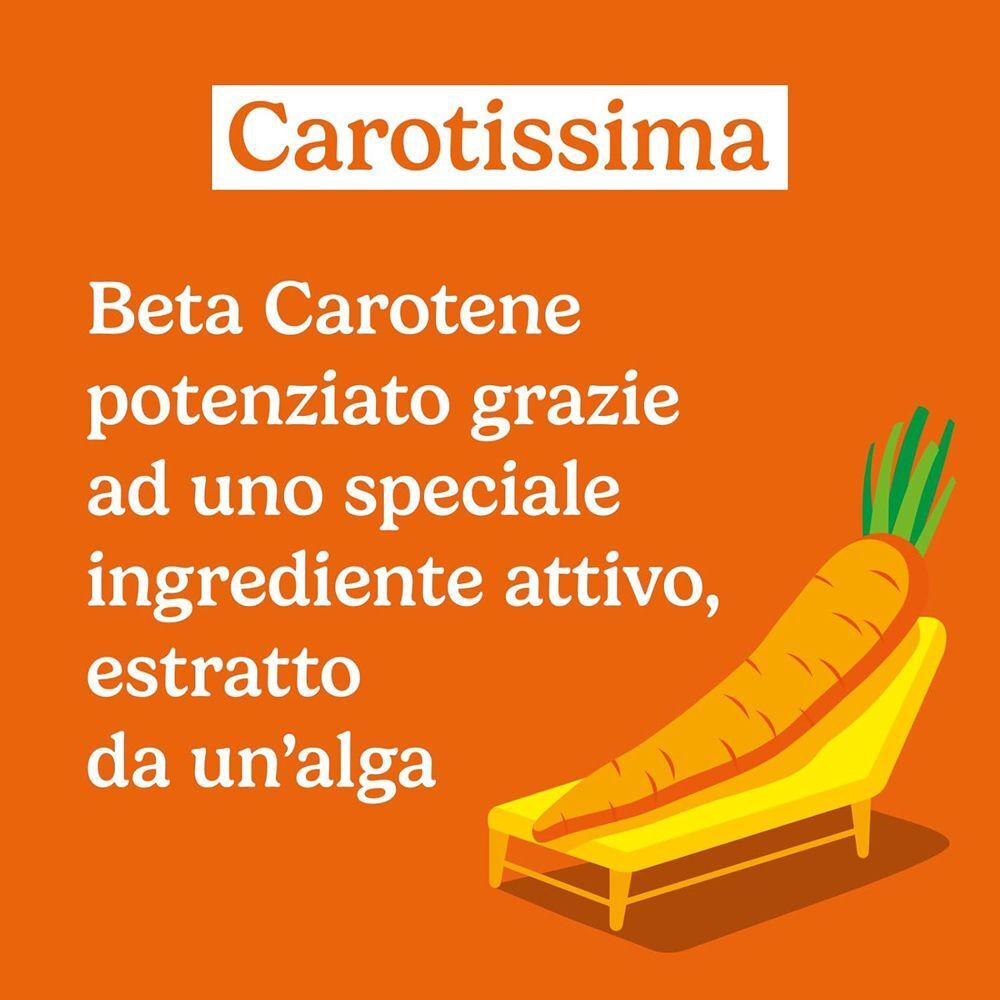 Bilboa Carotissima con Beta-Carotene, evidenziato da una carota sdraiata su un lettino.