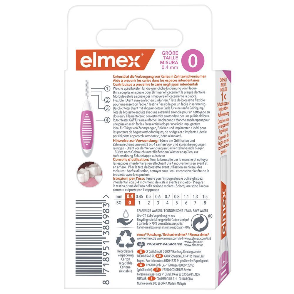 Spazzolino interdentale Elmex, misura 0, 0.4 mm, rosa e bianco.