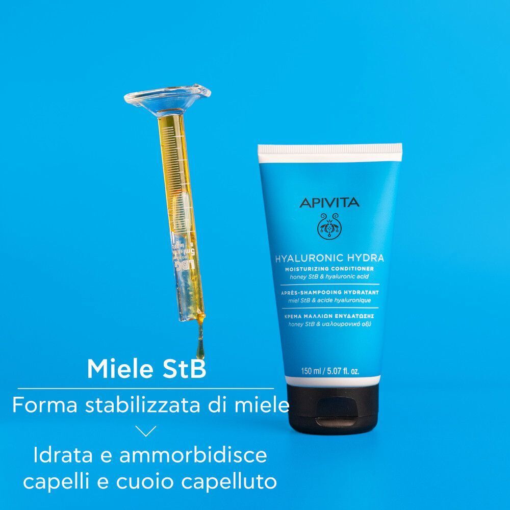 Apivita Hyaluronic Hydra Balsamo e una siringa con estratto di miele.