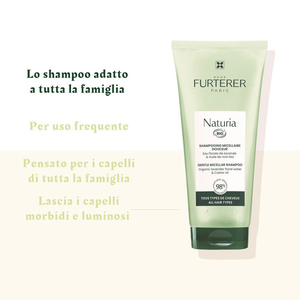 René Furterer Naturia Shampoo Micellare con testo su famiglia e tipi di capelli.