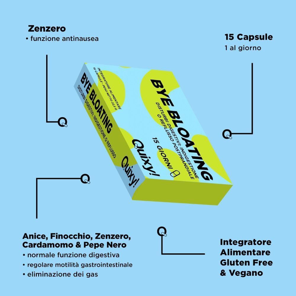 Confezione di capsule Quixy Bye Bloating con evidenziati ingredienti e benefici.