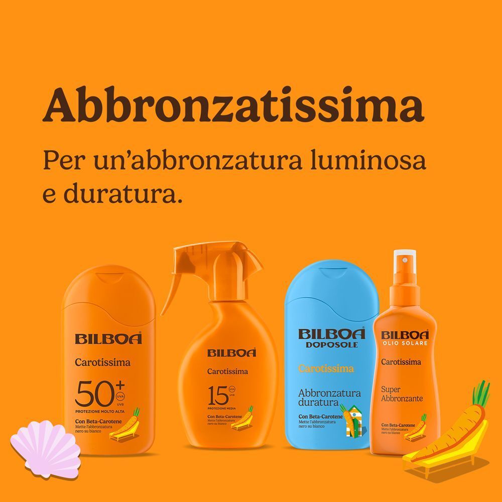 Quattro prodotti Bilboa Carotissima, inclusi solari e doposole.