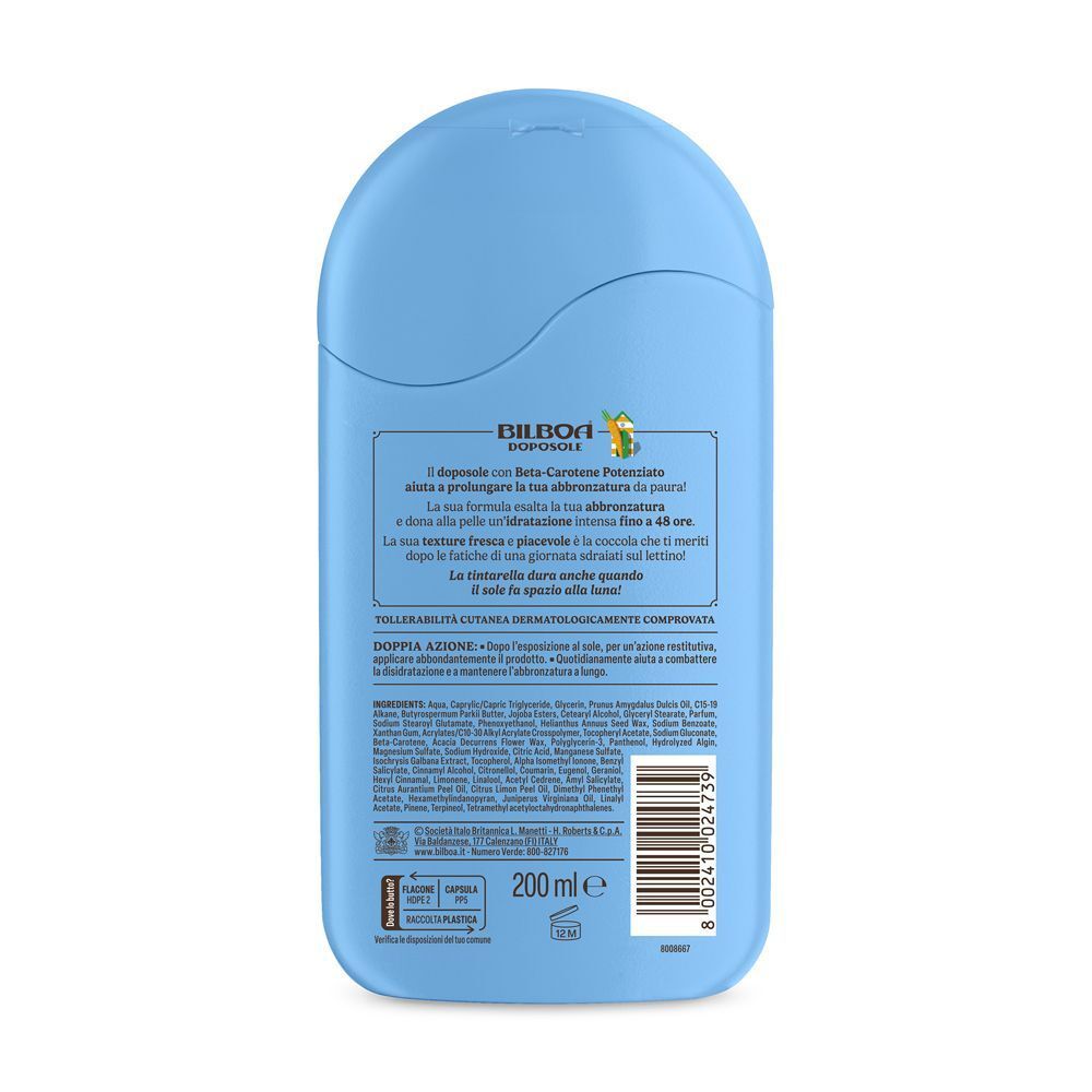 Retro di un flacone blu Bilboa Doposole con informazioni prodotto e indicazione 200ml.