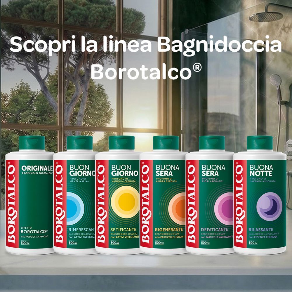 Sei diversi bagnodoccia Borotalco® in flaconi.