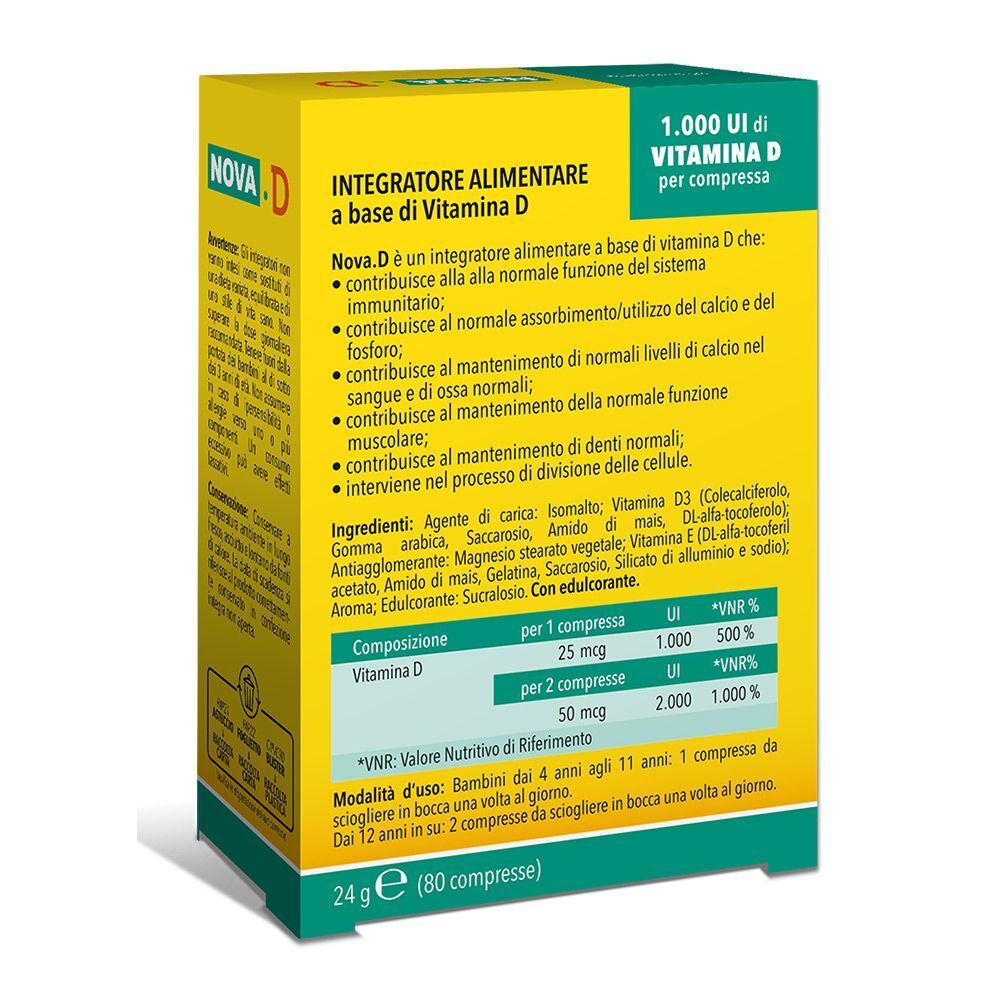 Retro di una scatola gialla NOVA.D Integratore alimentare Vitamina D con informazioni dettagliate.