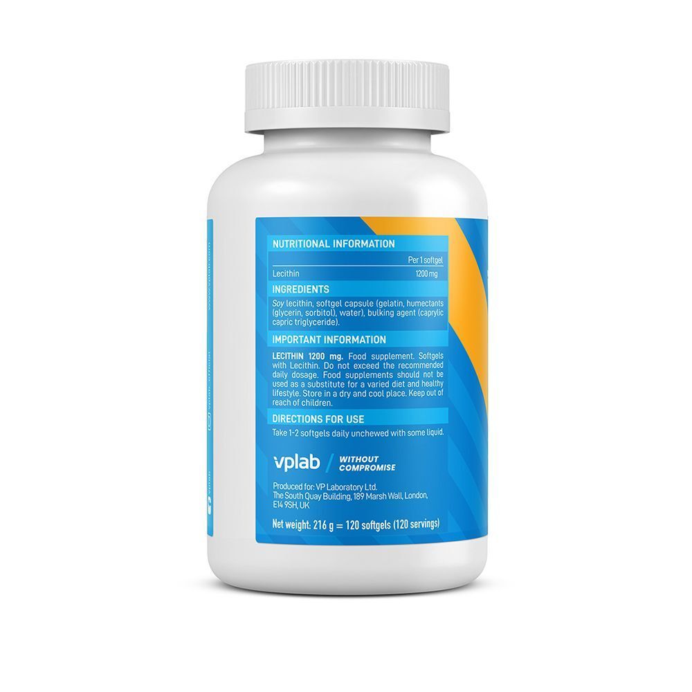 Retro di un flacone di VPLAB Lecithin Softgels, 1200mg, con informazioni nutrizionali e ingredienti.