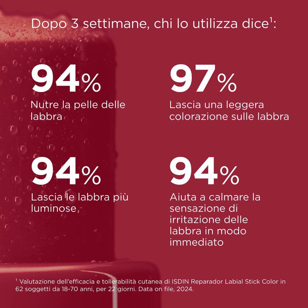 Statistiche sull'efficacia del balsamo labbra ISDIN dopo 3 settimane.