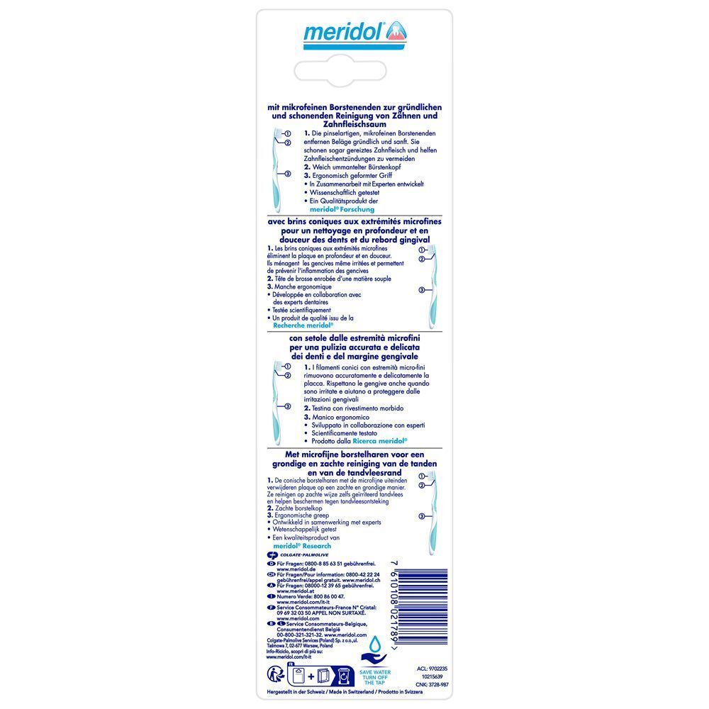 Retro della confezione meridol® Spazzolino Morbido Duo-Pack con informazioni sul prodotto in più lingue.