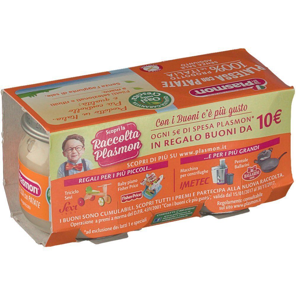 Retro di una confezione di omogeneizzato Plasmon Platessa con Patate con informazioni sulla raccolta.